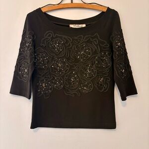 Vintage Joseph Ribkoff Black Floral Appliqué Sequin Top XS/S